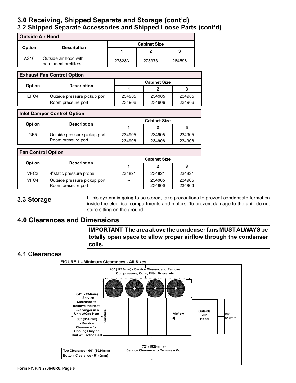 3 storage, 0 clearances and dimensions, 1 clearances | 0 receiving, shipped separate and storage (cont’d) | Reznor YDSA Unit Installation Manual User Manual | Page 6 / 76