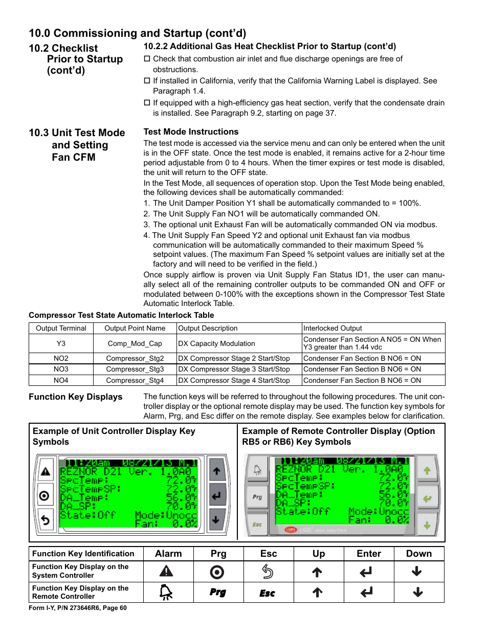 3 unit test mode and setting fan cfm, 0 commissioning and startup (cont’d), 2 checklist prior to startup (cont’d) | Reznor YDSA Unit Installation Manual User Manual | Page 60 / 76