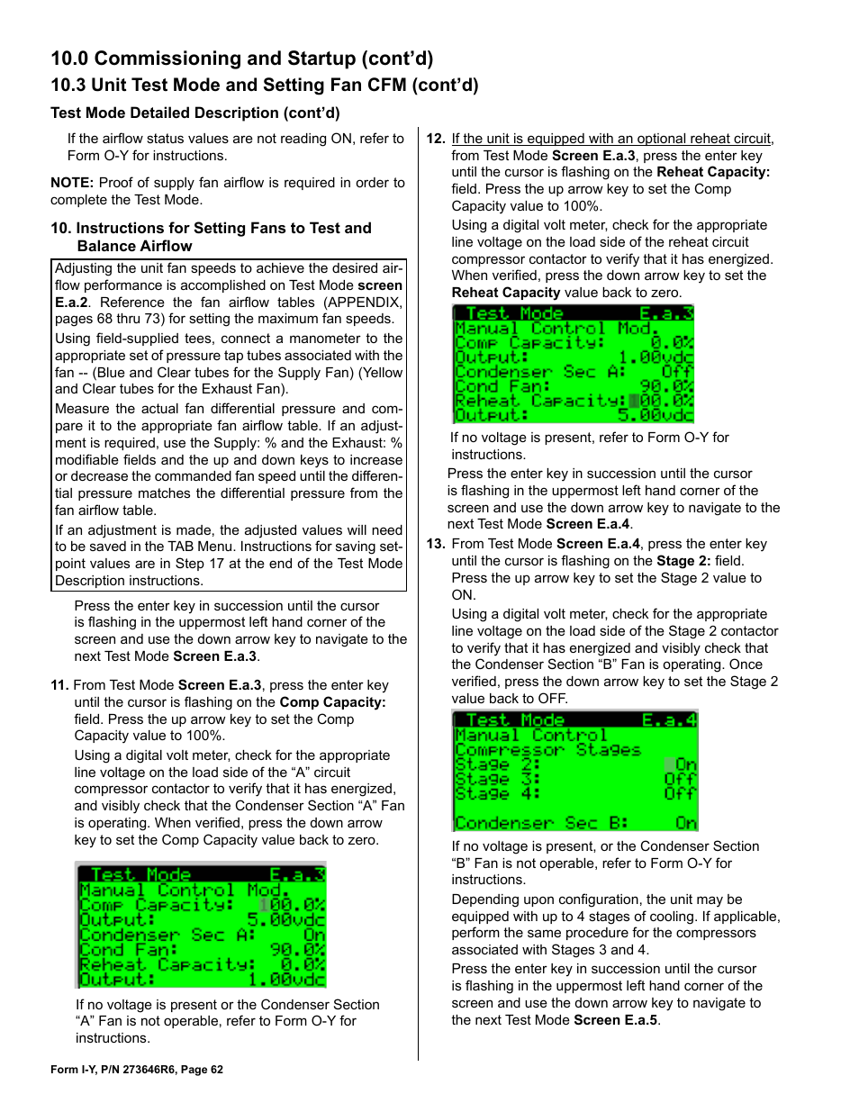 0 commissioning and startup (cont’d), 3 unit test mode and setting fan cfm (cont’d) | Reznor YDSA Unit Installation Manual User Manual | Page 62 / 76