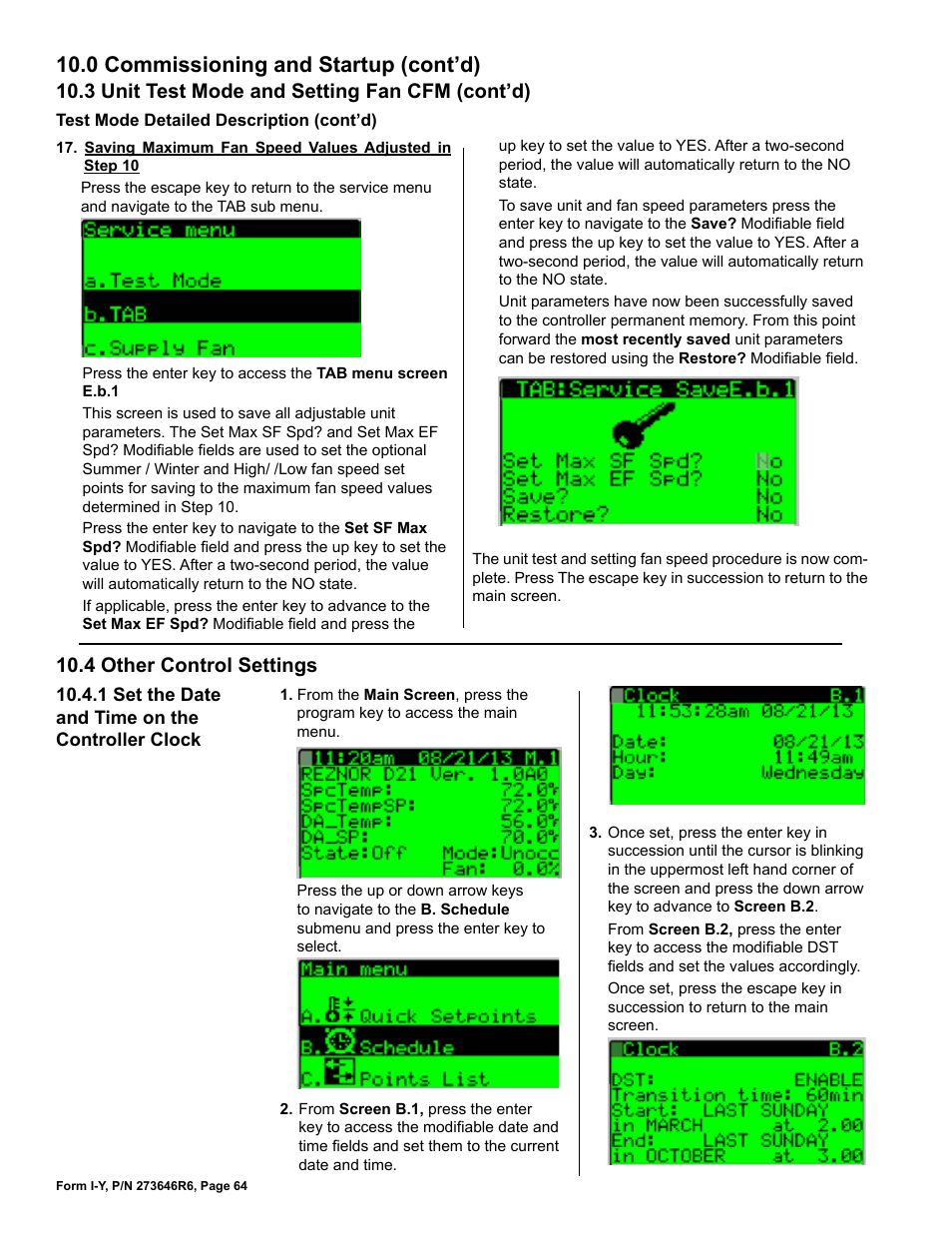 4 other control settings, 0 commissioning and startup (cont’d), 3 unit test mode and setting fan cfm (cont’d) | Reznor YDSA Unit Installation Manual User Manual | Page 64 / 76