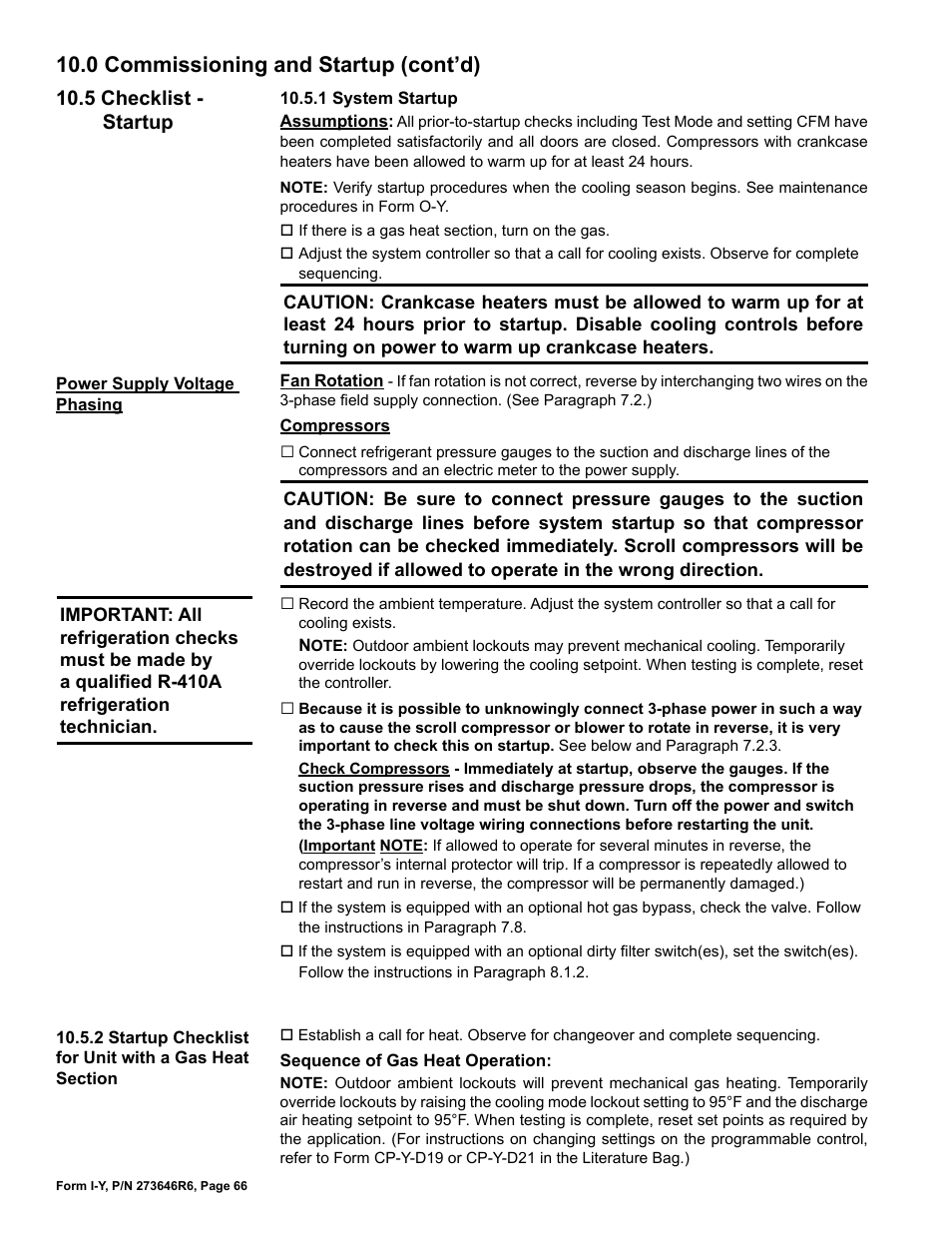 5 checklist - startup, 0 commissioning and startup (cont’d) | Reznor YDSA Unit Installation Manual User Manual | Page 66 / 76
