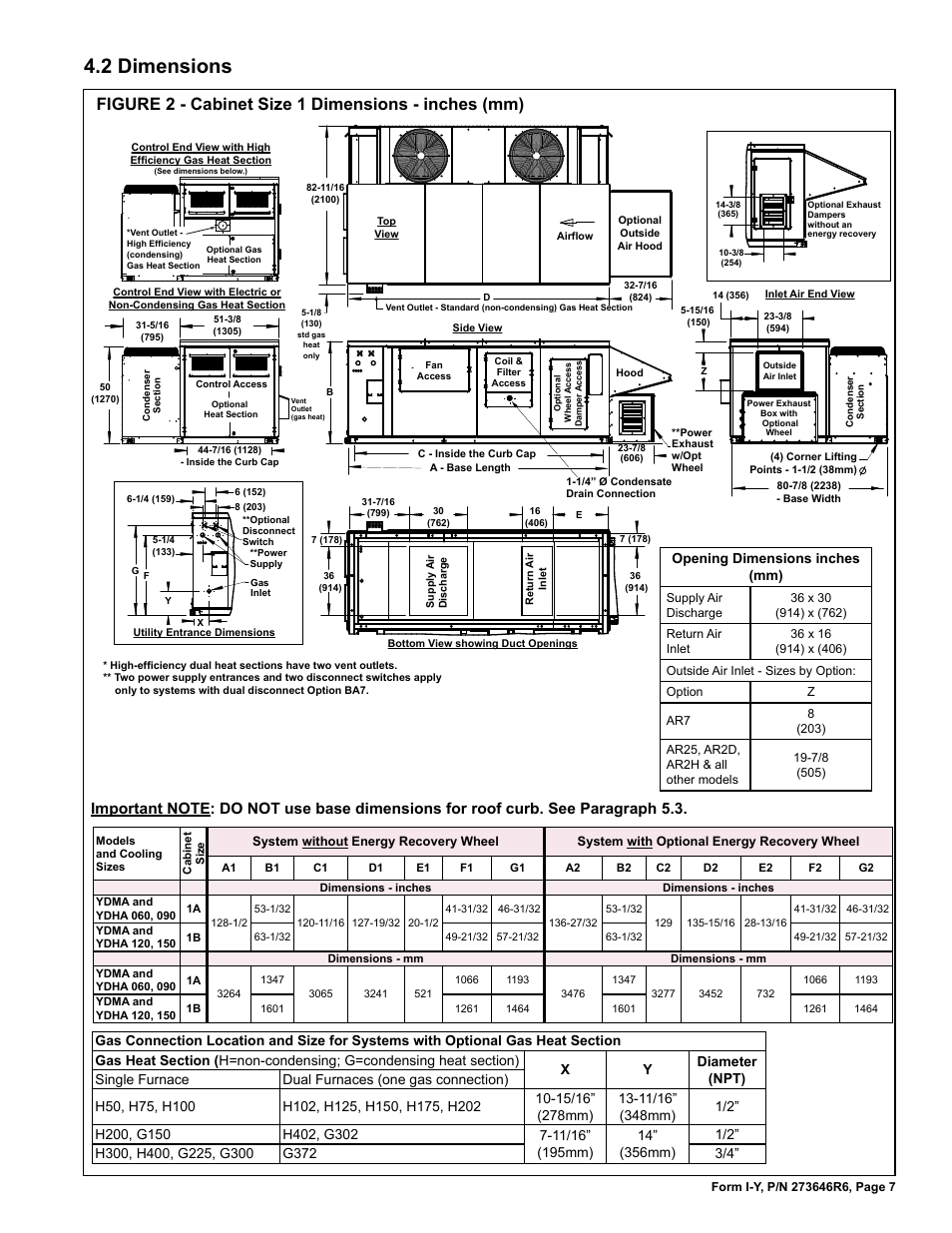 2 dimensions, Figure 2 - cabinet size 1 dimensions - inches (mm), Opening dimensions inches (mm) | Reznor YDSA Unit Installation Manual User Manual | Page 7 / 76