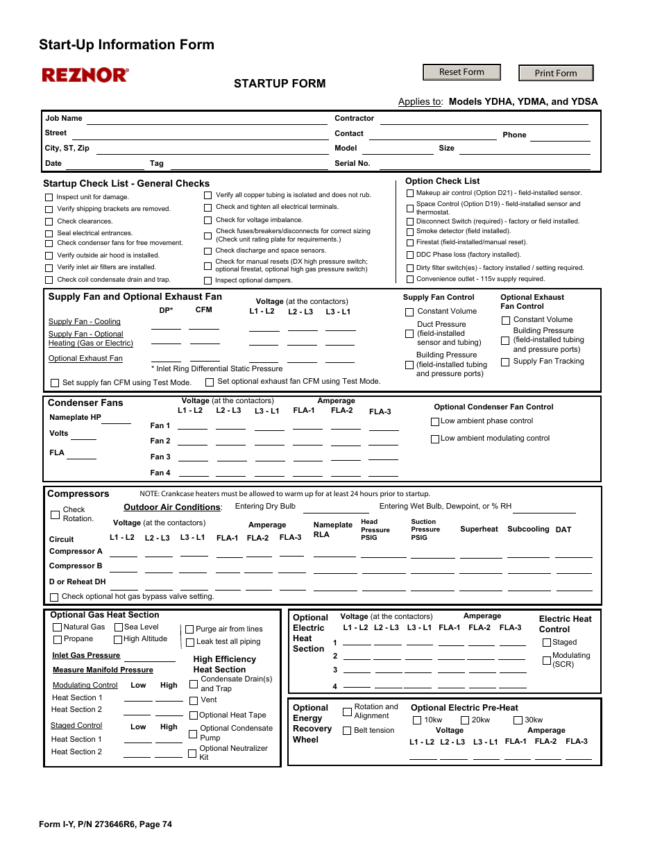 Start-up information form, Startup form | Reznor YDSA Unit Installation Manual User Manual | Page 74 / 76