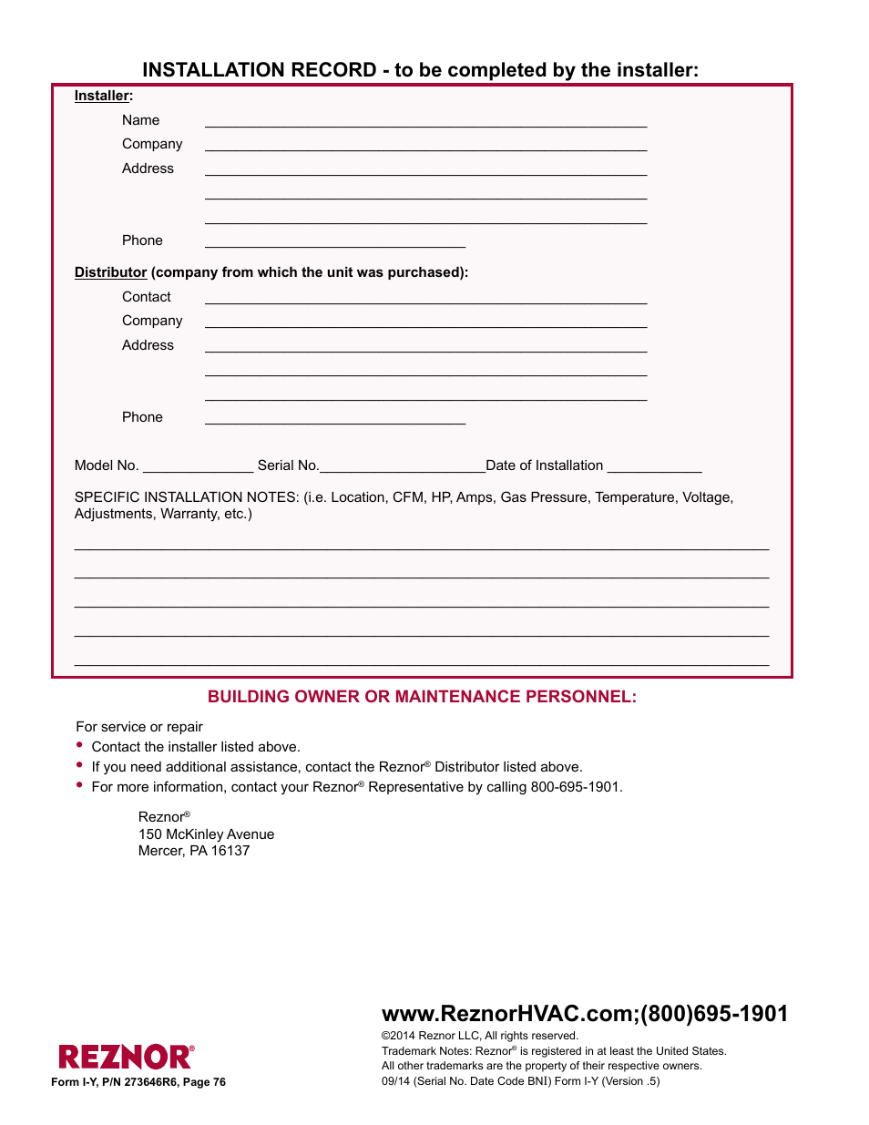 Installation record - to be completed by, The installer, Tion record 76 | Reznor YDSA Unit Installation Manual User Manual | Page 76 / 76