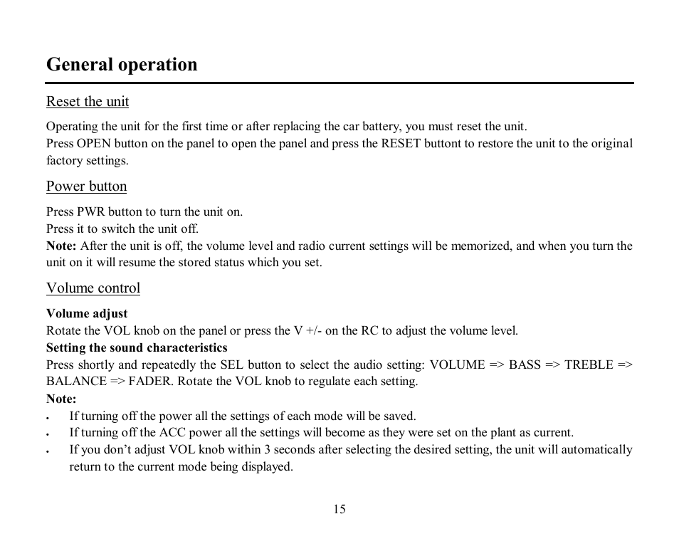 General operation, Reset the unit, Power button | Volume control | Hyundai H-CDM8030 User Manual | Page 15 / 66