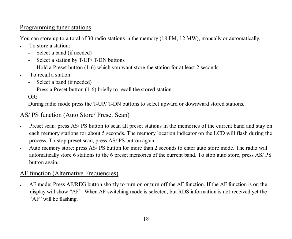 Programming tuner stations, As/ ps function (auto store/ preset scan), Af function (alternative frequencies) | Hyundai H-CDM8030 User Manual | Page 18 / 66