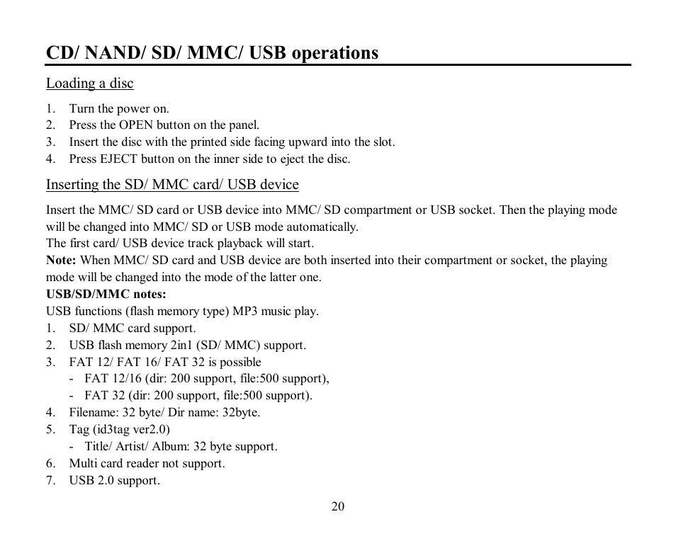 Cd/ nand/ sd/ mmc/ usb operations | Hyundai H-CDM8030 User Manual | Page 20 / 66