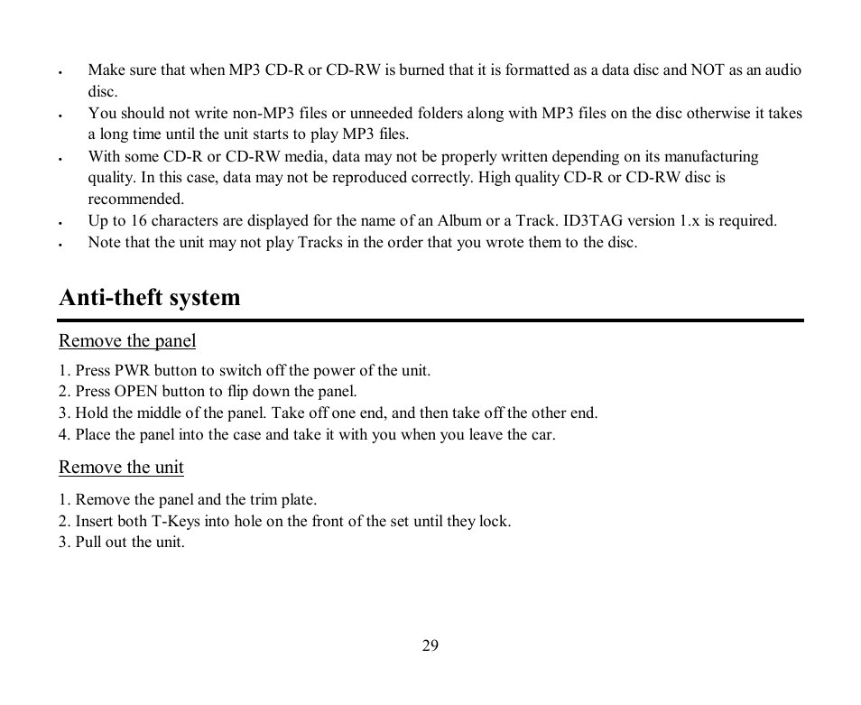 Anti-theft system, Remove the panel, Remove the unit | Hyundai H-CDM8030 User Manual | Page 29 / 66