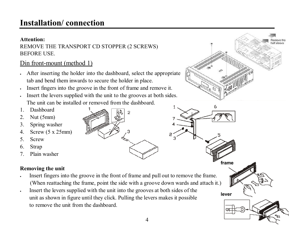 Installation/ connection, Din front-mount (method 1) | Hyundai H-CDM8030 User Manual | Page 4 / 66