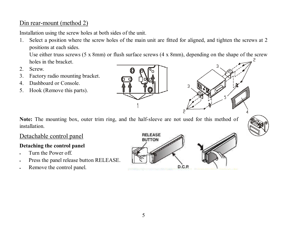 Din rear-mount (method 2), Detachable control panel | Hyundai H-CDM8030 User Manual | Page 5 / 66