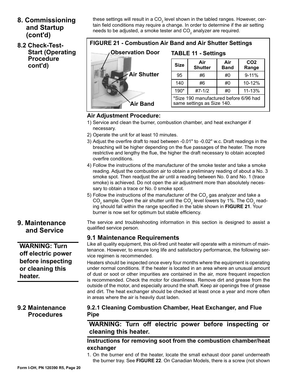 Maintenance and service, Commissioning and startup (cont'd), 1 maintenance requirements | 2 maintenance procedures, 2 check-test- start (operating procedure cont'd) | Reznor OH Unit Installation Manual User Manual | Page 20 / 28
