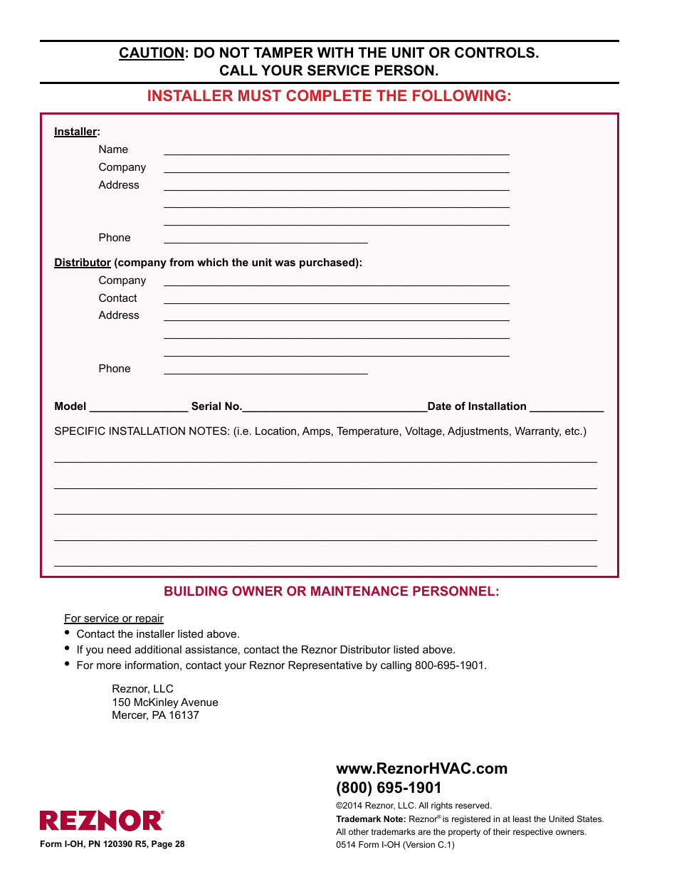 Installer must complete the following | Reznor OH Unit Installation Manual User Manual | Page 28 / 28