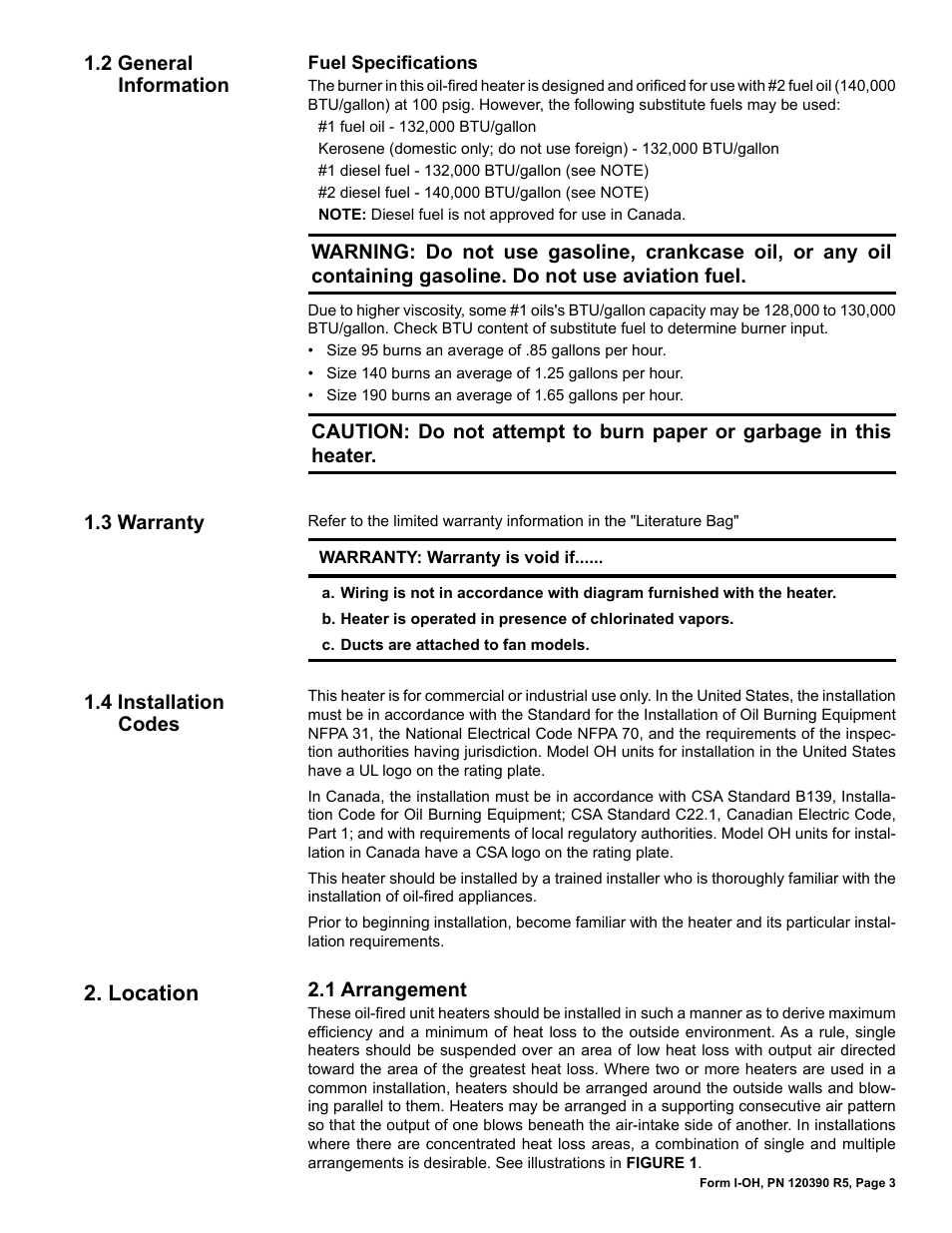 Location, 4 installation codes 1.3 warranty, 2 general information | 1 arrangement | Reznor OH Unit Installation Manual User Manual | Page 3 / 28