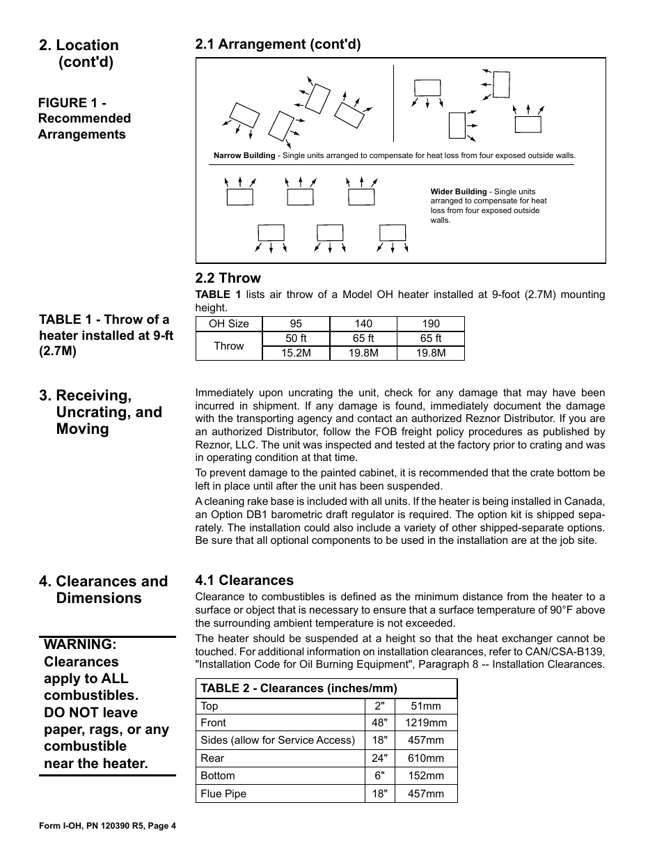 Location (cont'd), 2 throw, 1 clearances | 1 arrangement (cont'd) | Reznor OH Unit Installation Manual User Manual | Page 4 / 28