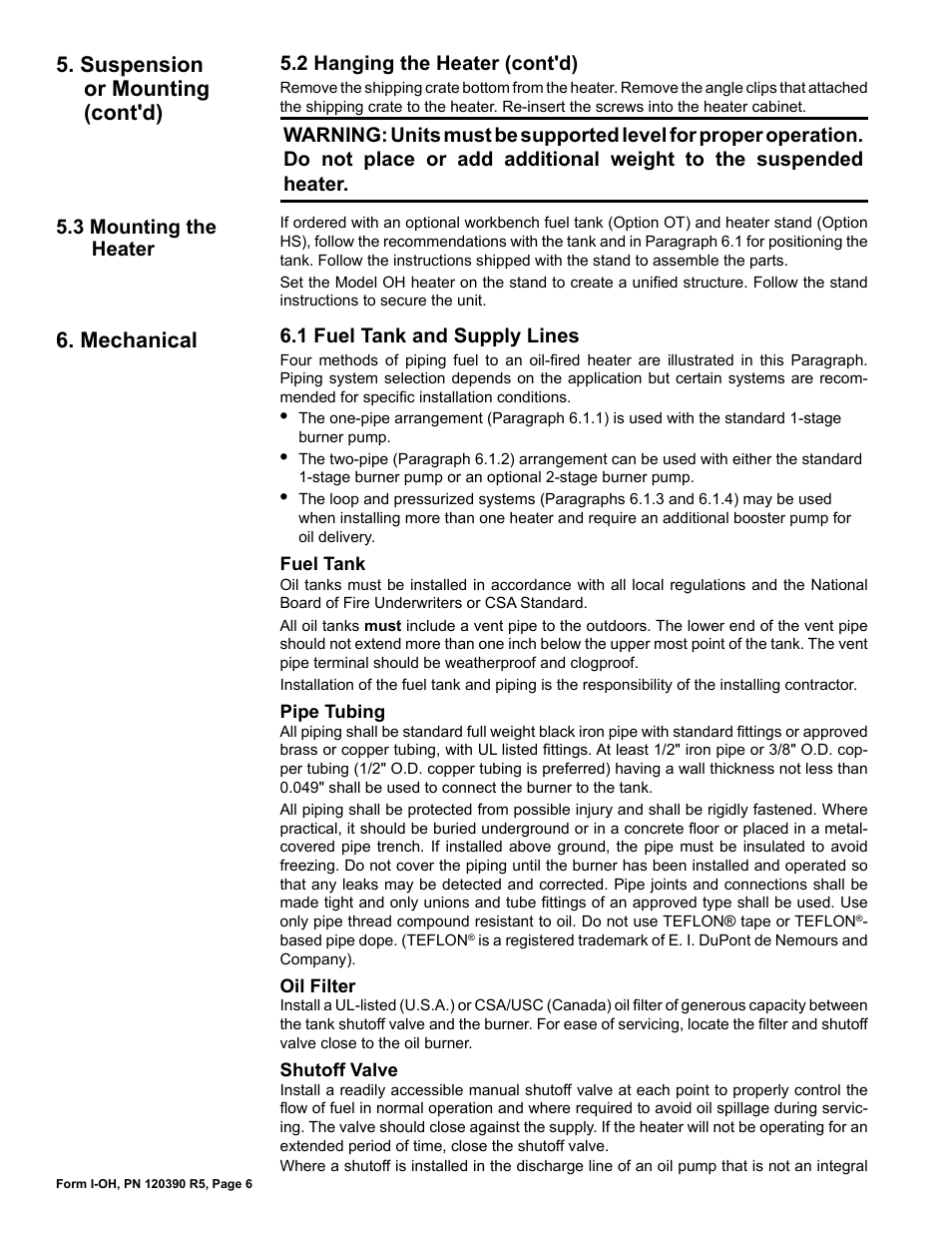Mechanical, Suspension or mounting (cont'd), 1 fuel tank and supply lines | 2 hanging the heater (cont'd) | Reznor OH Unit Installation Manual User Manual | Page 6 / 28