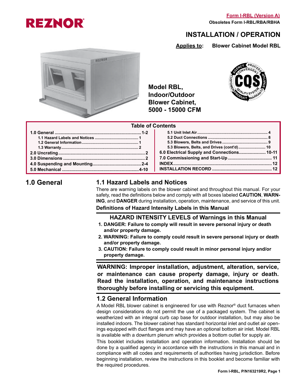 Reznor RBL (Cabinet Blower) Unit Installation Manual User Manual | 12 pages
