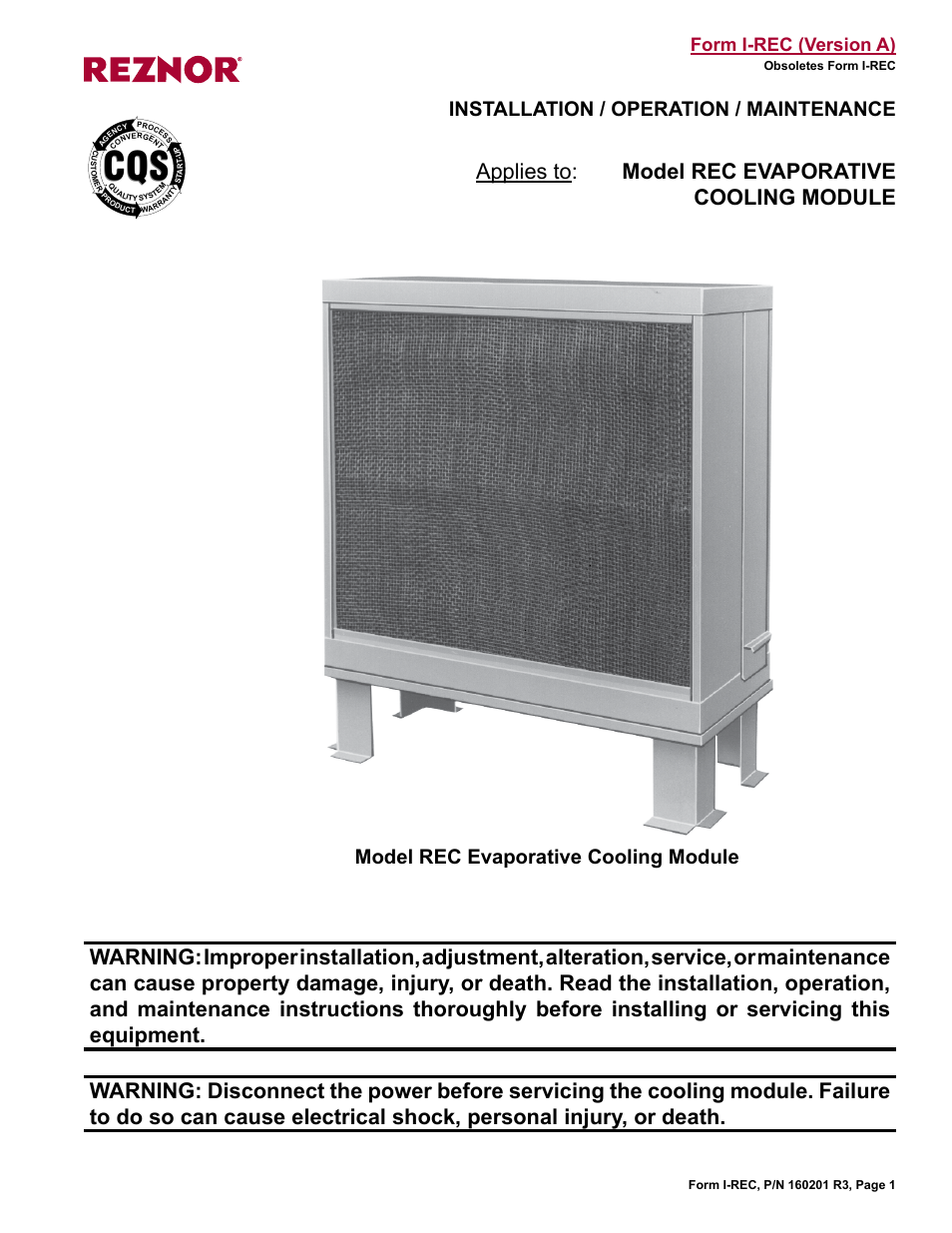 Reznor REC (Evaporative Cooling) Unit Installation Manual User Manual | 12 pages