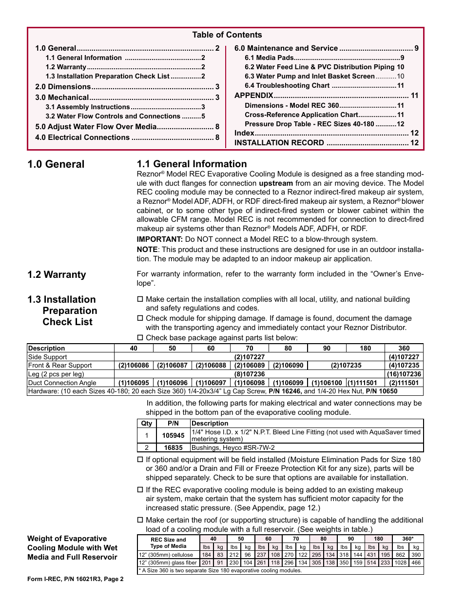 0 general, 1 general information, 2 warranty | 3 installation preparation check list | Reznor REC (Evaporative Cooling) Unit Installation Manual User Manual | Page 2 / 12