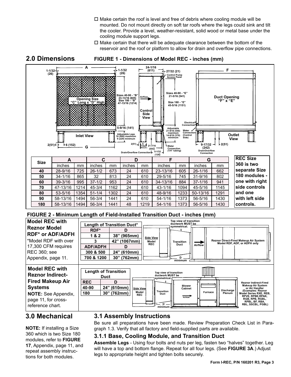 0 dimensions, 0 mechanical, 1 assembly instructions | 1 base, cooling module, and transition duct, Figure 1 - dimensions of model rec - inches (mm), Model rec with reznor model rdf* or adf/adfh | Reznor REC (Evaporative Cooling) Unit Installation Manual User Manual | Page 3 / 12