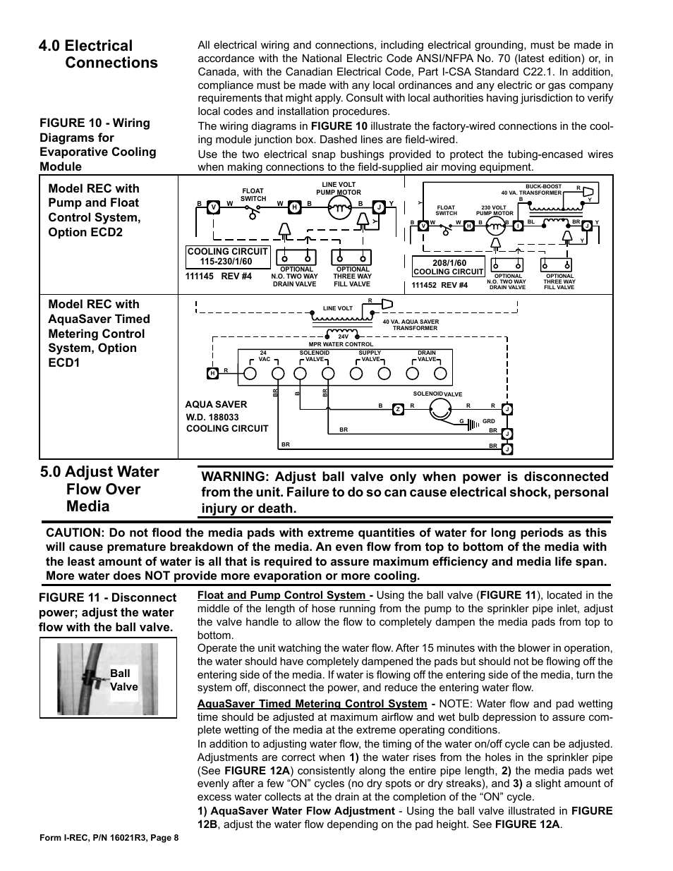 0 electrical connections, 0 adjust water flow over media, Ball valve | Reznor REC (Evaporative Cooling) Unit Installation Manual User Manual | Page 8 / 12