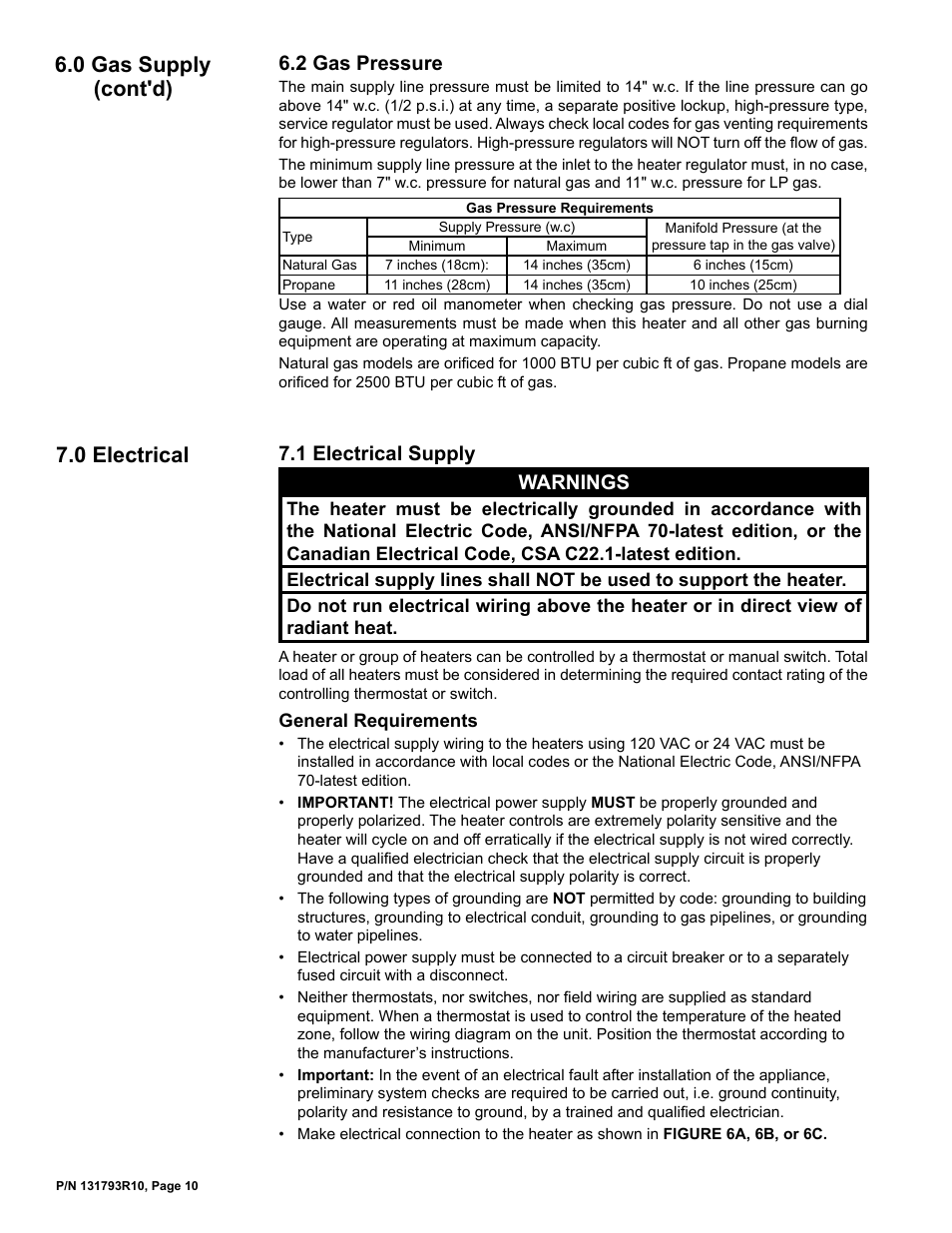 2 gas pressure, 0 electrical -13, 1 electrical supply | 0 gas supply (cont'd), 0 electrical, 1 electrical supply warnings | Reznor RIHVL Unit Installation Manual User Manual | Page 10 / 20