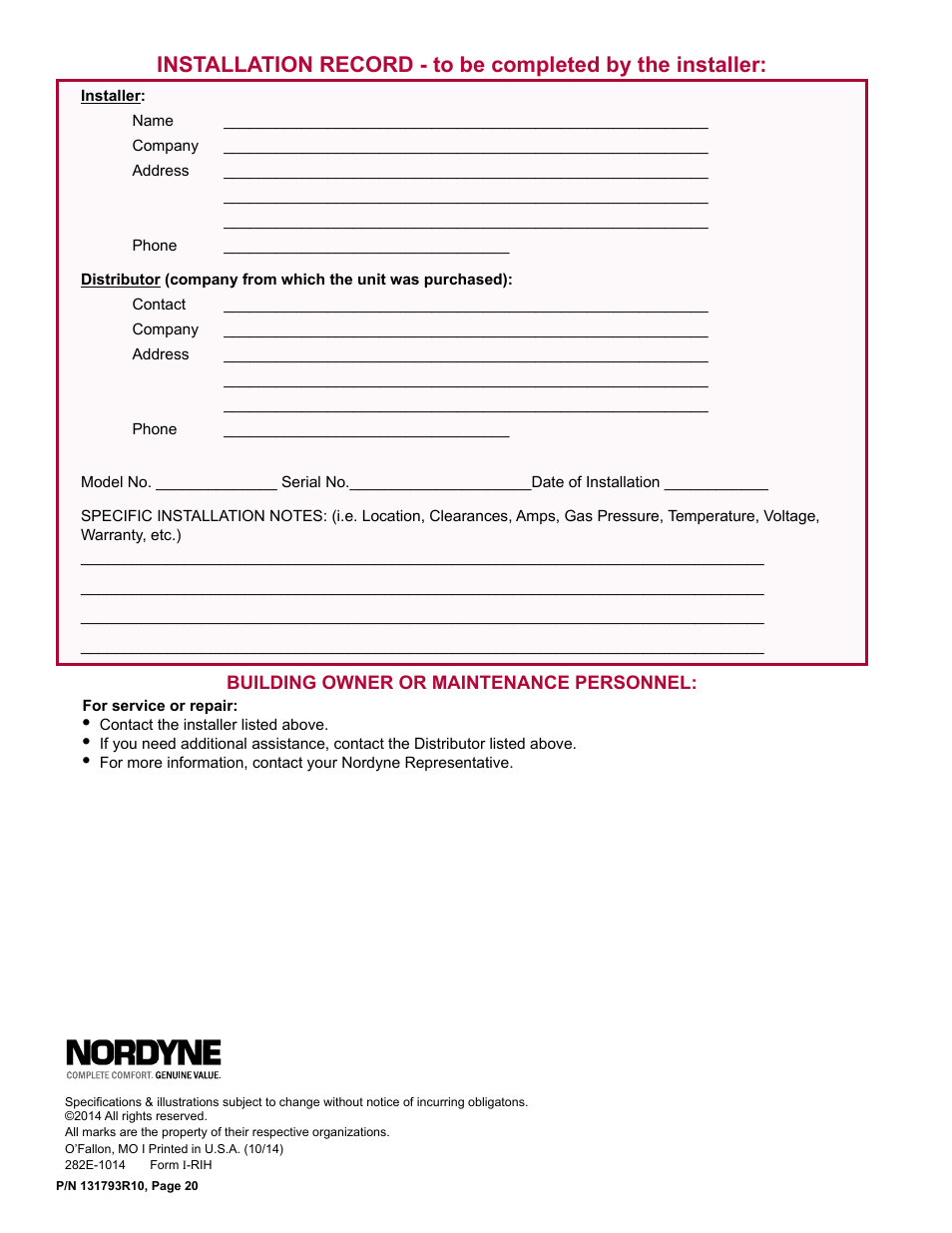 Installation record | Reznor RIHVL Unit Installation Manual User Manual | Page 20 / 20