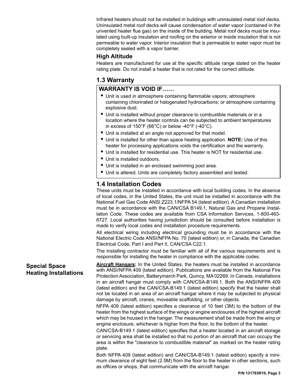 3 warranty, 4 installation codes | Reznor RIHVL Unit Installation Manual User Manual | Page 3 / 20
