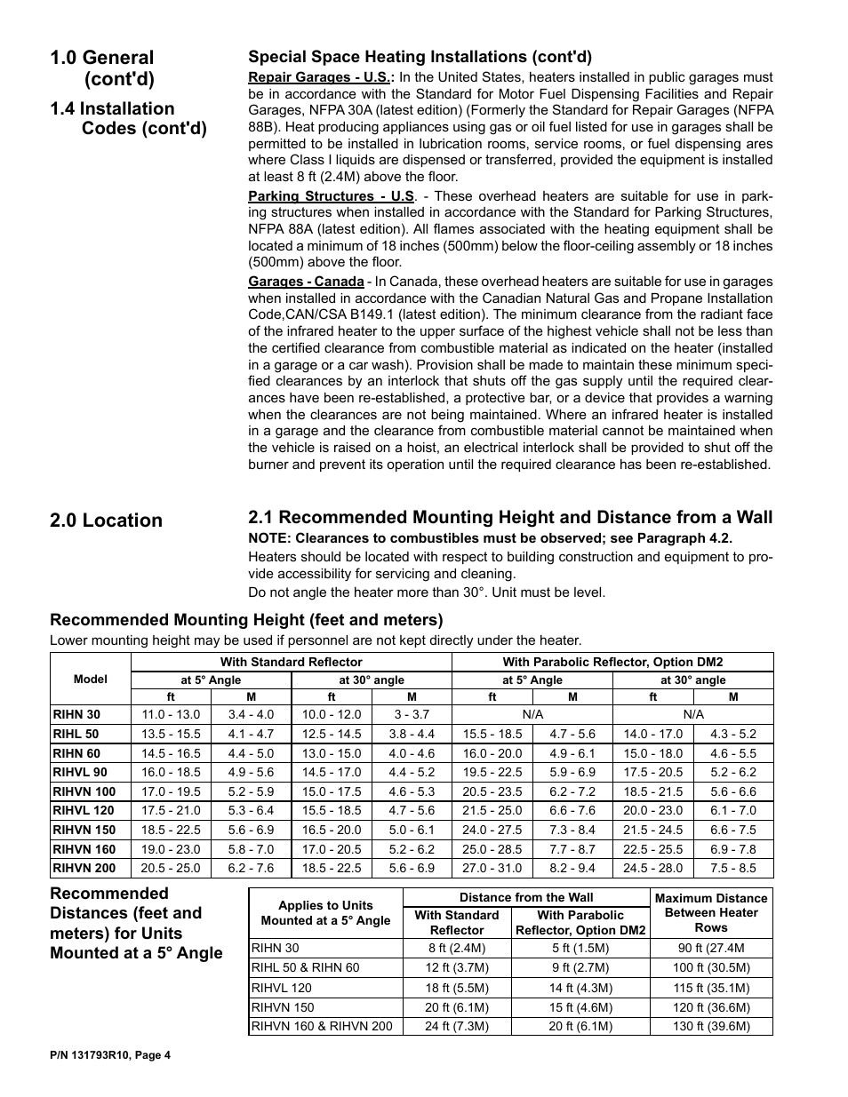 0 location -5, 1 recommended mounting height and, Distance from a wall | 0 general (cont'd), 0 location, 4 installation codes (cont'd), Special space heating installations (cont'd) | Reznor RIHVL Unit Installation Manual User Manual | Page 4 / 20