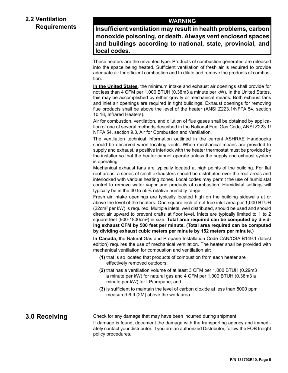 2 ventilation requirements, 0 receiving | Reznor RIHVL Unit Installation Manual User Manual | Page 5 / 20