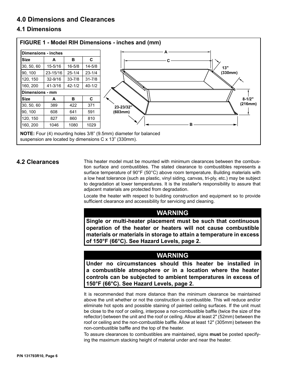 0 dimensions and clearances -7, 1 dimensions, 2 clearances | 0 dimensions and clearances, Warning | Reznor RIHVL Unit Installation Manual User Manual | Page 6 / 20