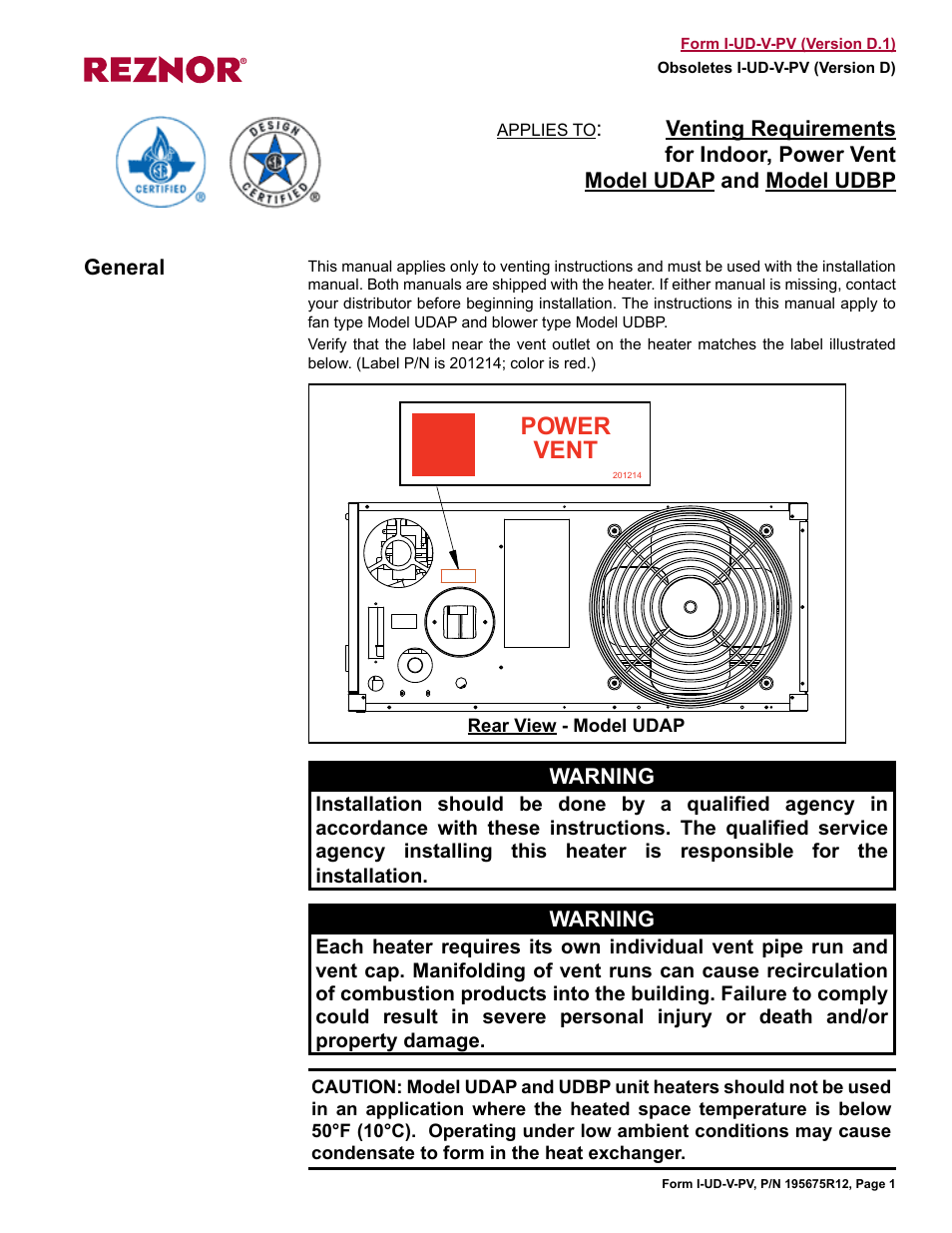 Reznor UDBP Option - Installation - Power Venting User Manual | 12 pages