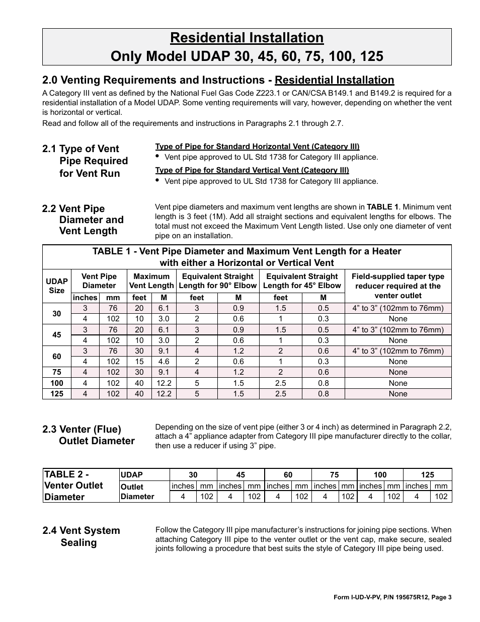 3 venter (flue) outlet diameter, 4 vent system sealing, 1 type of vent pipe required for vent run | 2 vent pipe diameter and vent length | Reznor UDBP Option - Installation - Power Venting User Manual | Page 3 / 12