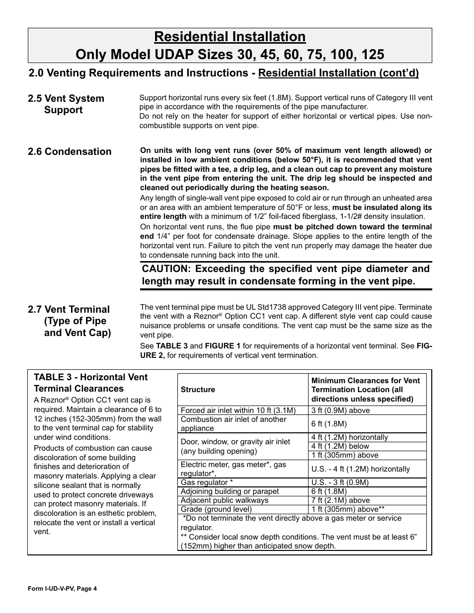 5 vent system support, 6 condensation, 7 vent terminal (type of pipe and vent cap) | Reznor UDBP Option - Installation - Power Venting User Manual | Page 4 / 12