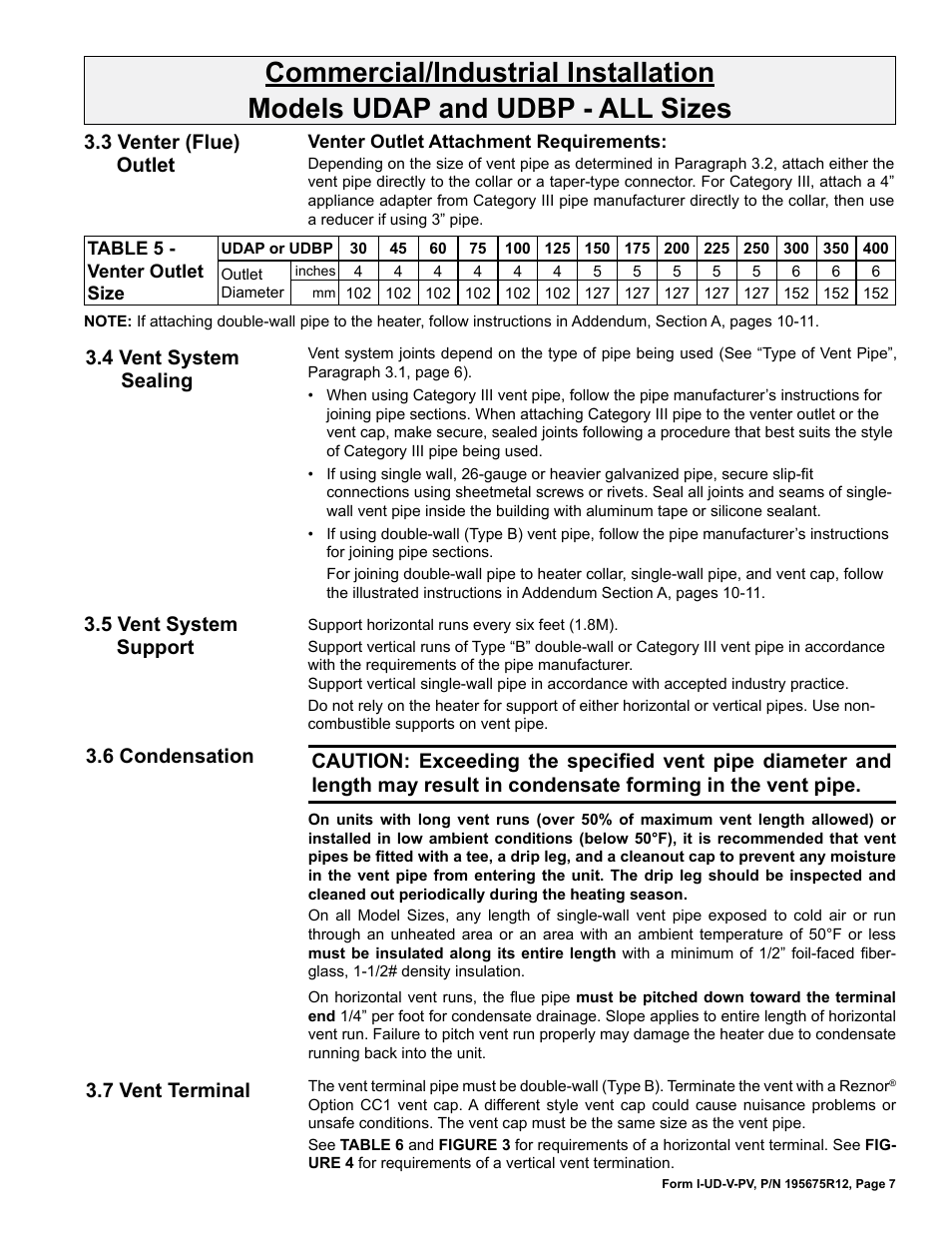 3 venter (flue) outlet, 4 vent system sealing, 5 vent system support | 6 condensation, 7 vent terminal | Reznor UDBP Option - Installation - Power Venting User Manual | Page 7 / 12
