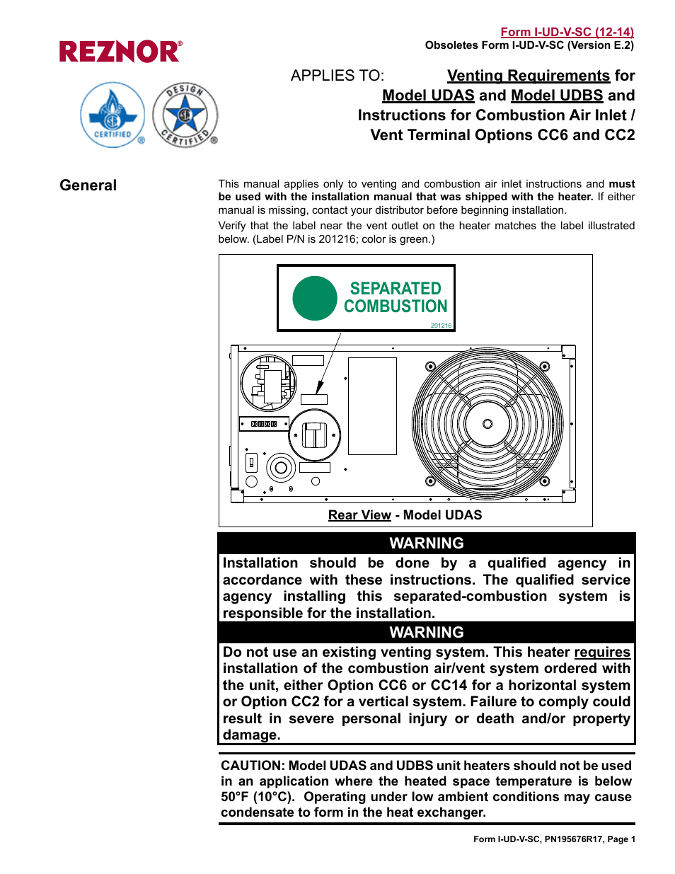 Reznor UDBS Option - Installation - Separated Combustion Venting User Manual | 16 pages