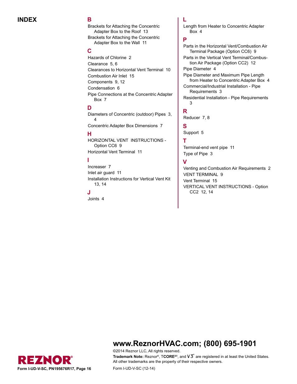 Index | Reznor UDBS Option - Installation - Separated Combustion Venting User Manual | Page 16 / 16