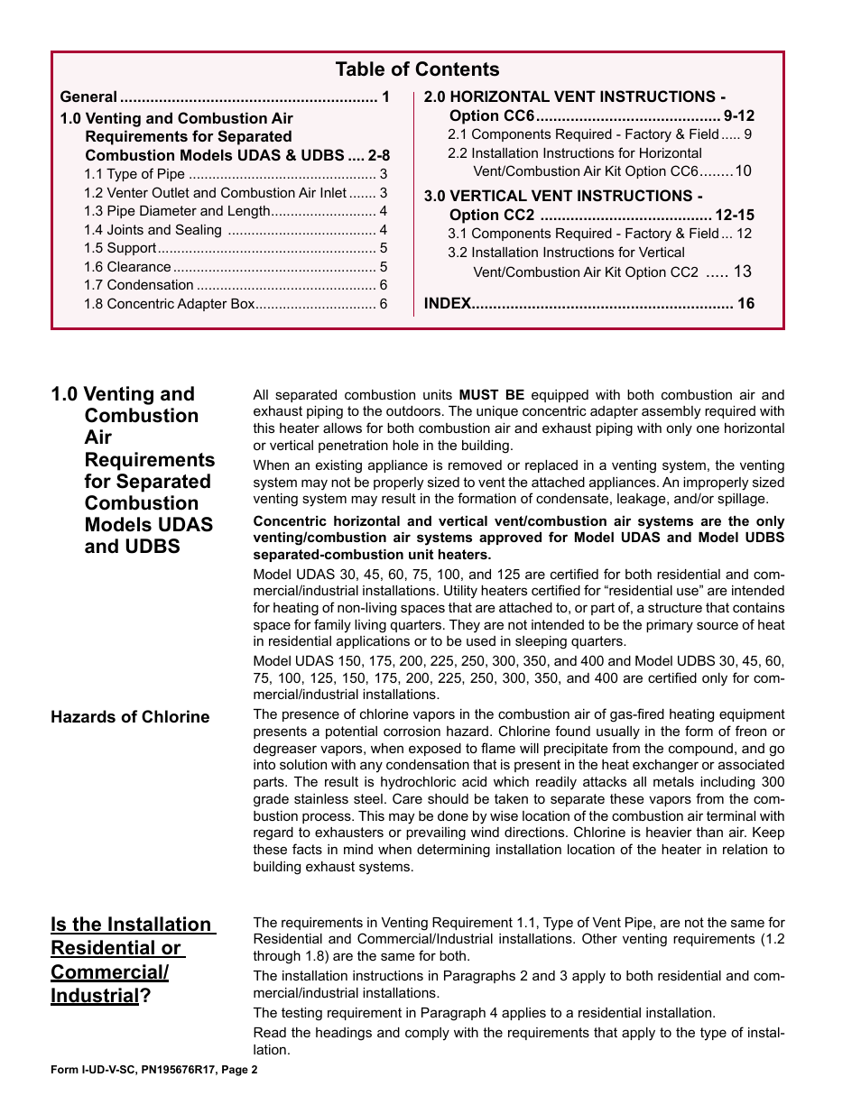 Reznor UDBS Option - Installation - Separated Combustion Venting User Manual | Page 2 / 16