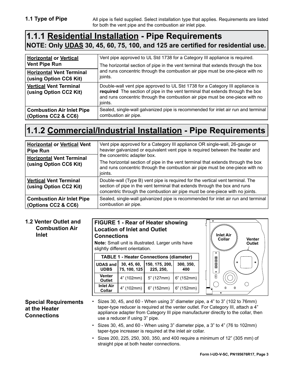 1 type of pipe, 2 venter outlet and combustion air inlet, 1 residential installation - pipe requirements | Reznor UDBS Option - Installation - Separated Combustion Venting User Manual | Page 3 / 16