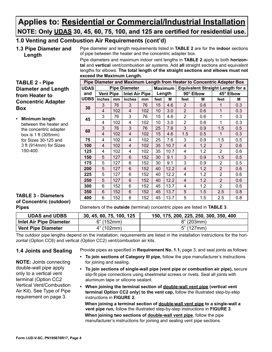 3 pipe diameter and length, 4 joints and sealing, 0 venting and combustion air requirements (cont’d) | Reznor UDBS Option - Installation - Separated Combustion Venting User Manual | Page 4 / 16