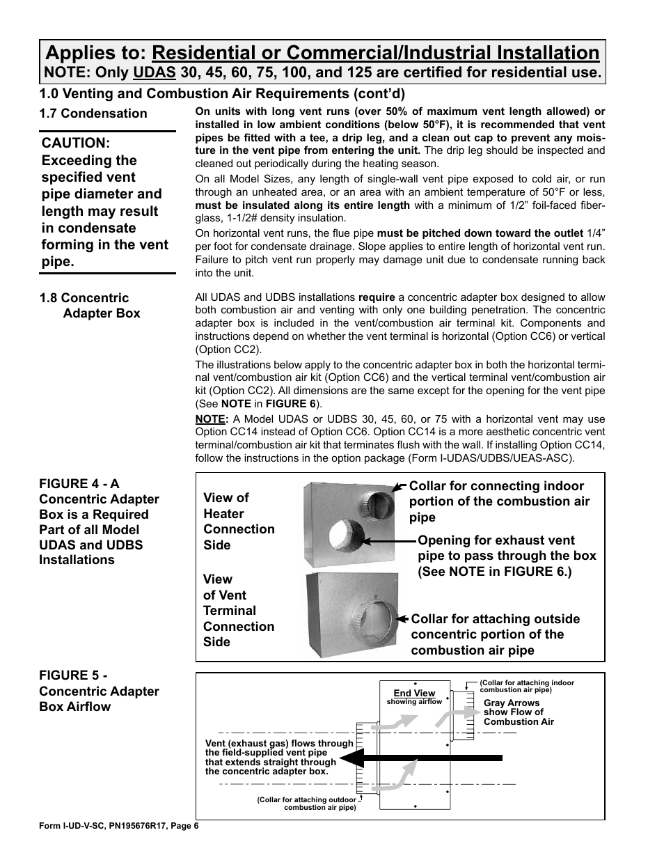 7 condensation, 8 concentric adapter box, 0 venting and combustion air requirements (cont’d) | Reznor UDBS Option - Installation - Separated Combustion Venting User Manual | Page 6 / 16