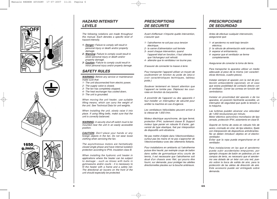 Hazard intensity levels, Safety rules, Prescriptions de securite | Prescripciones de seguridad | Reznor WS Unit Installation Manual User Manual | Page 4 / 15