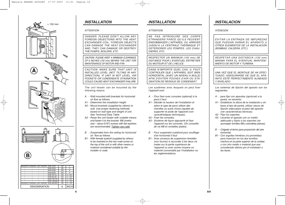 Installation, Instalacion | Reznor WS Unit Installation Manual User Manual | Page 8 / 15
