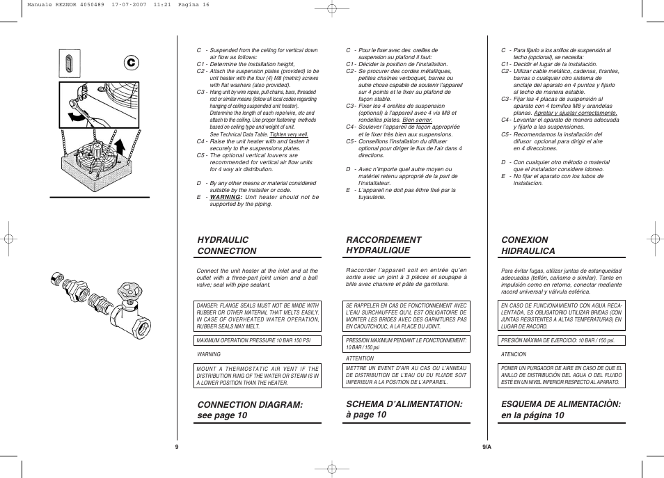 Hydraulic connection, Connection diagram: see page 10, Conexion hidraulica | Esquema de alimentaciòn: en la página 10, Raccordement hydraulique, Schema d’alimentation: à page 10 | Reznor WS Unit Installation Manual User Manual | Page 9 / 15