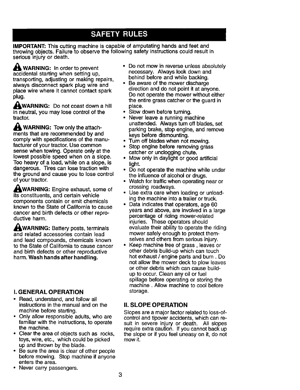 I. general operation, Ii. slope operation, Safety rules | Craftsman 917.272247 User Manual | Page 3 / 64