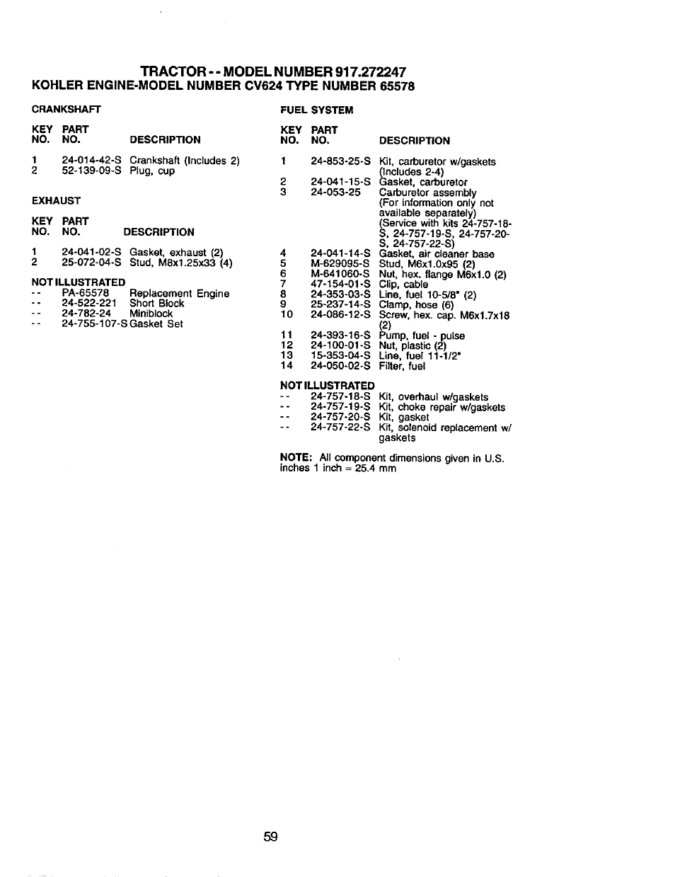 Tractor - - model number 91 7 | Craftsman 917.272247 User Manual | Page 59 / 64