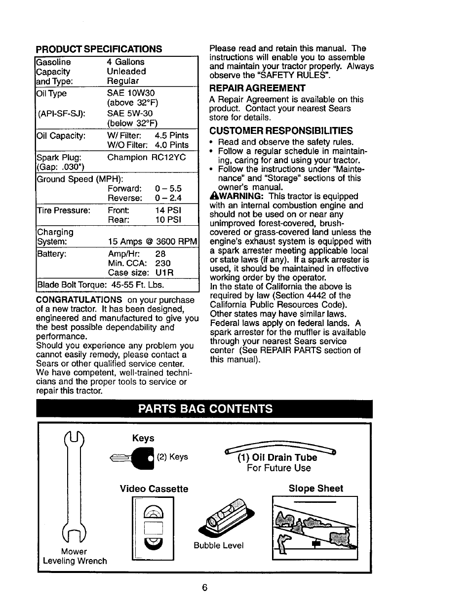 Repair agreement, Customer responsibilities, Parts bag contents | 1) oil drain tube, Video cassette | Craftsman 917.272247 User Manual | Page 6 / 64