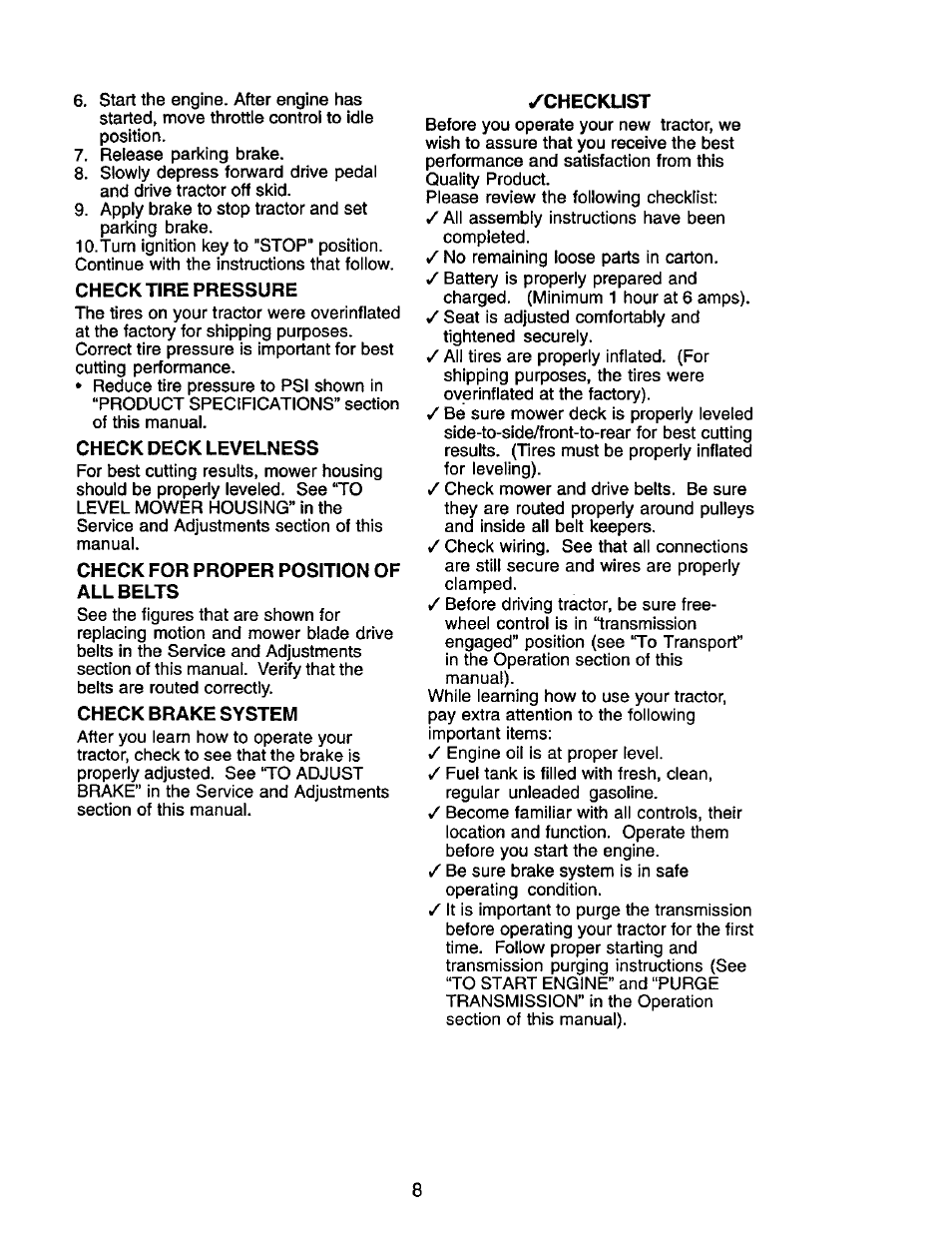 Check tire pressure, Check deck levelness, Check for proper position of allbelts | Check brake system, Checklist | Craftsman 917.272247 User Manual | Page 8 / 64