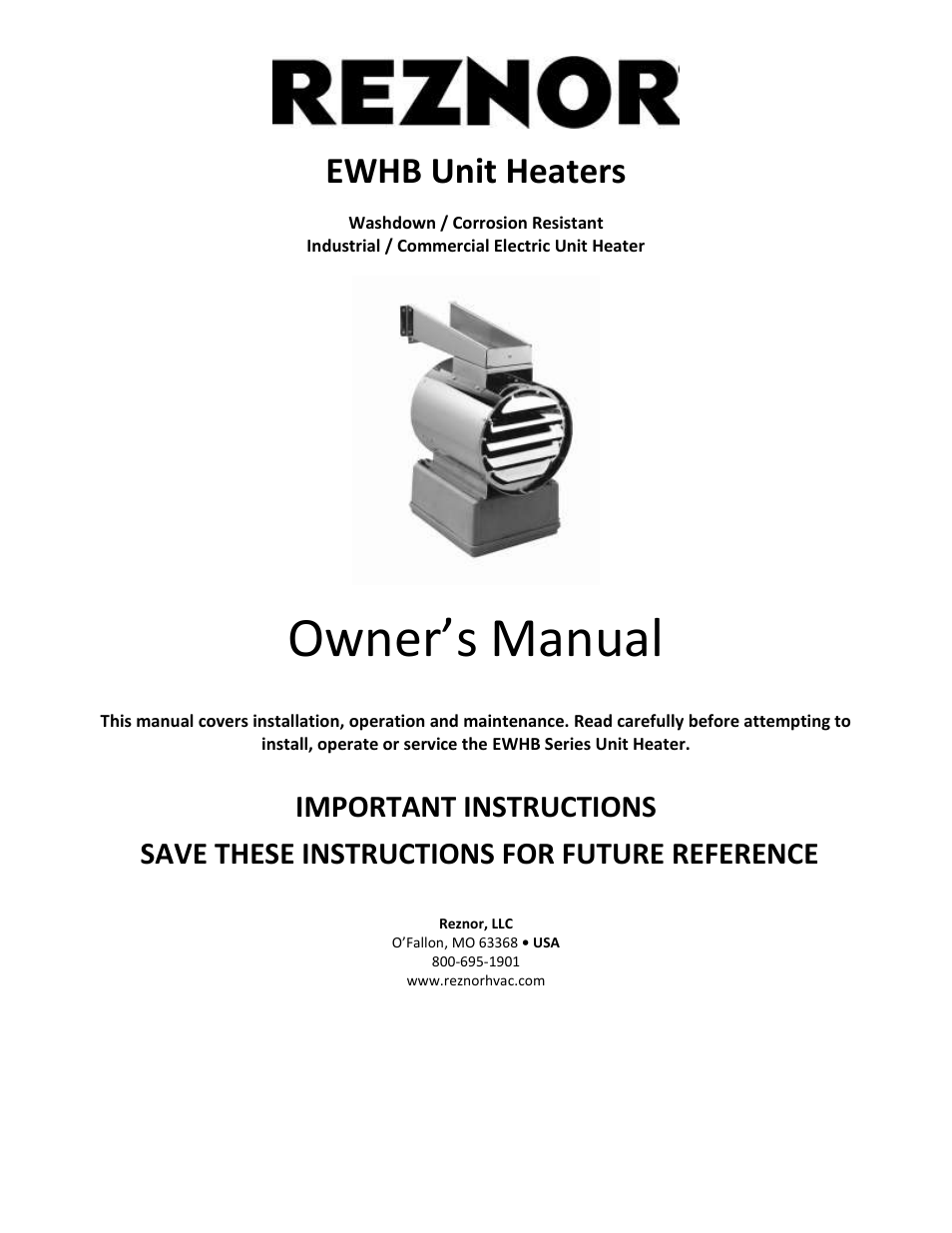 Reznor EWHB Unit Installation Manual User Manual | 9 pages