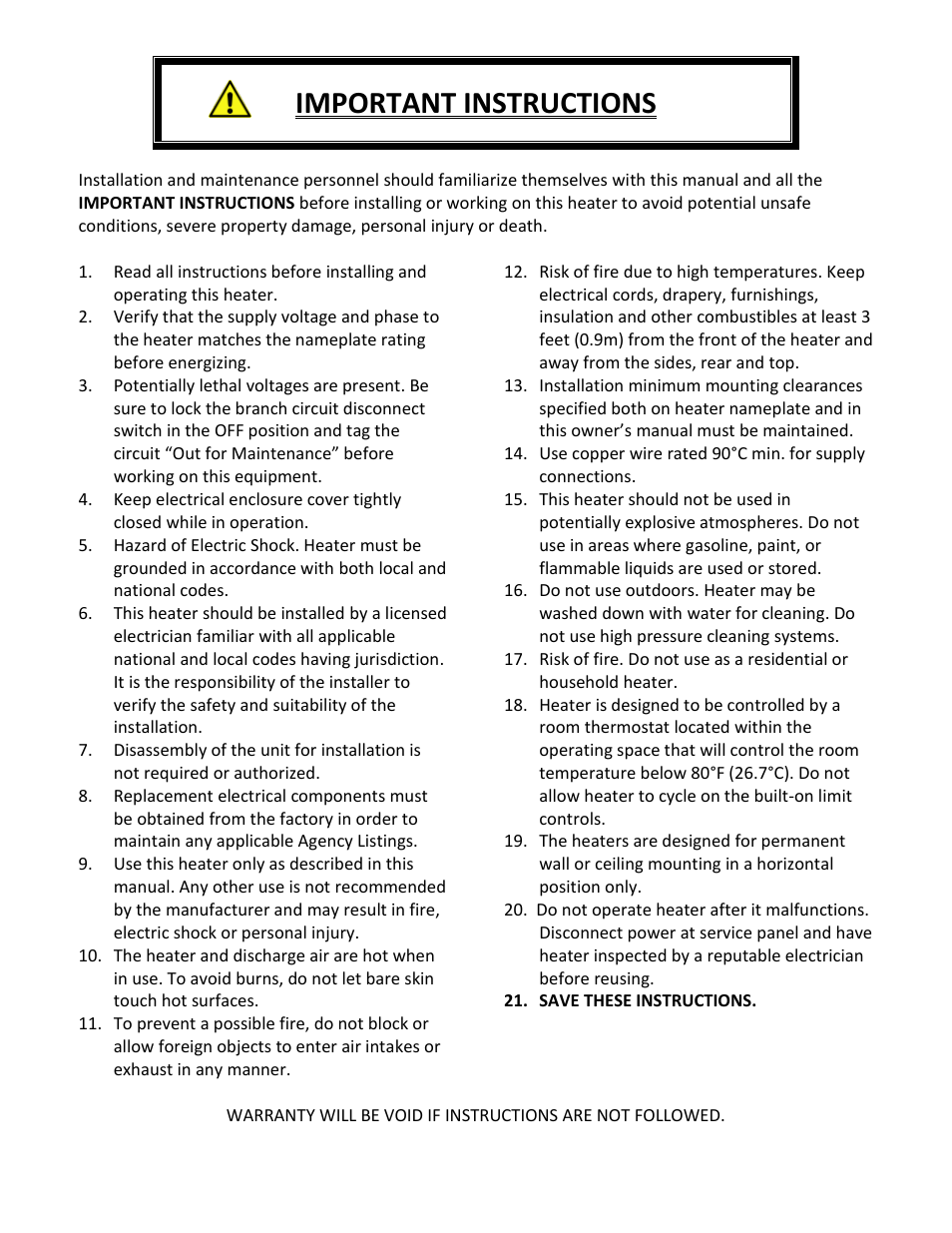 Important instructions | Reznor EWHB Unit Installation Manual User Manual | Page 2 / 9