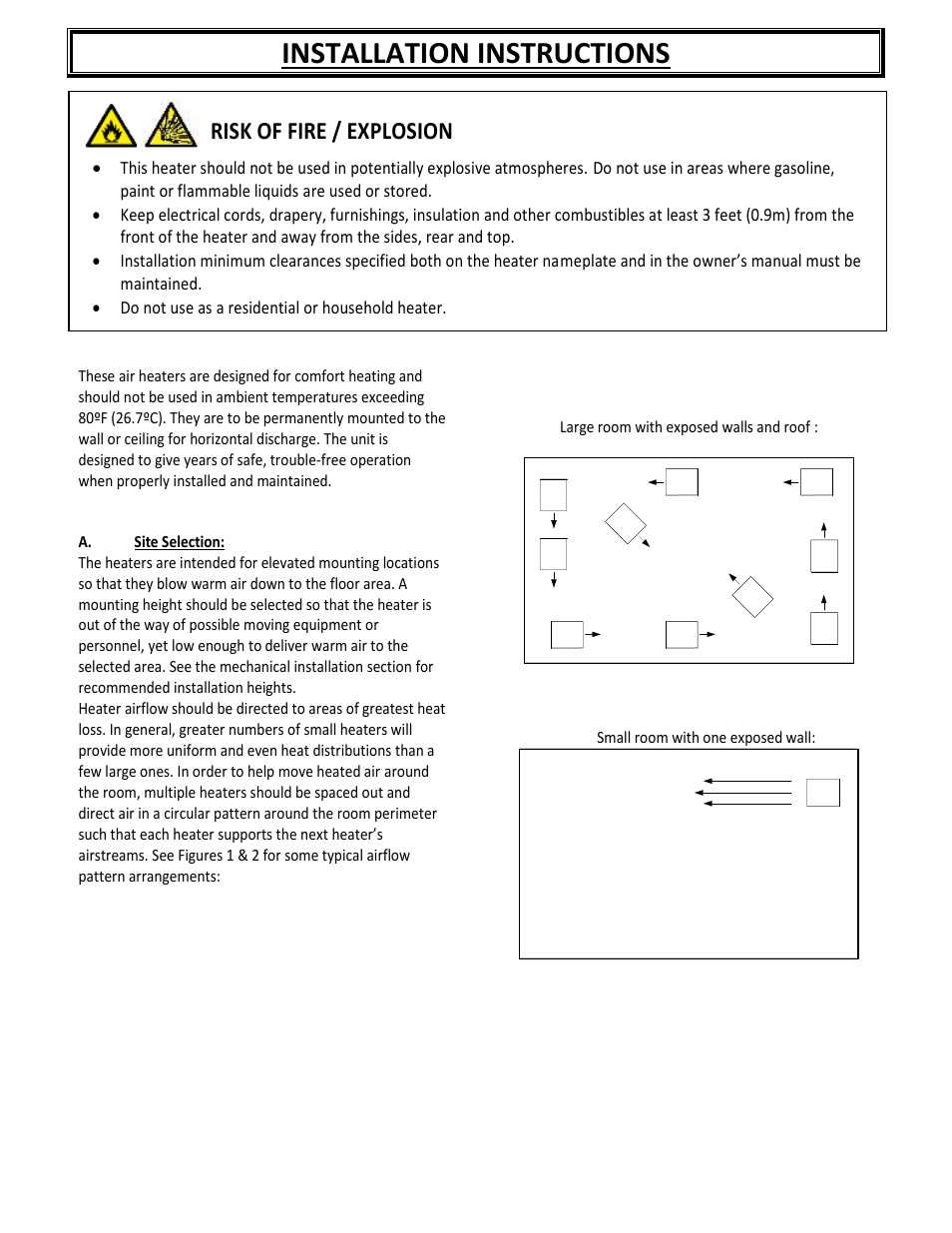 Installation instructions, Risk of fire / explosion | Reznor EWHB Unit Installation Manual User Manual | Page 3 / 9